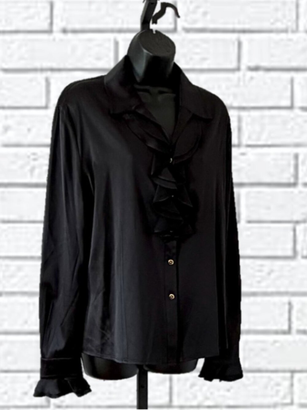 St. John | Silk Black Ruffle with Gold Button Accents